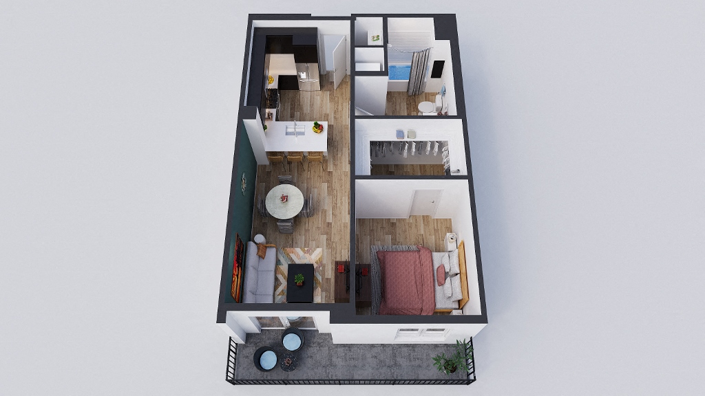 Floor plan for 1 bed, 1 bath, 801 sqft